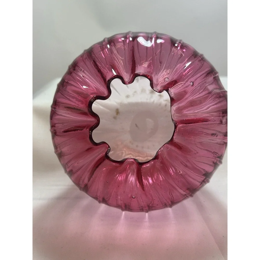 Two Cranberry To Clear Ribbed &‎ Crimped Swirl Rose Bowl Vases Ground Pontil 5